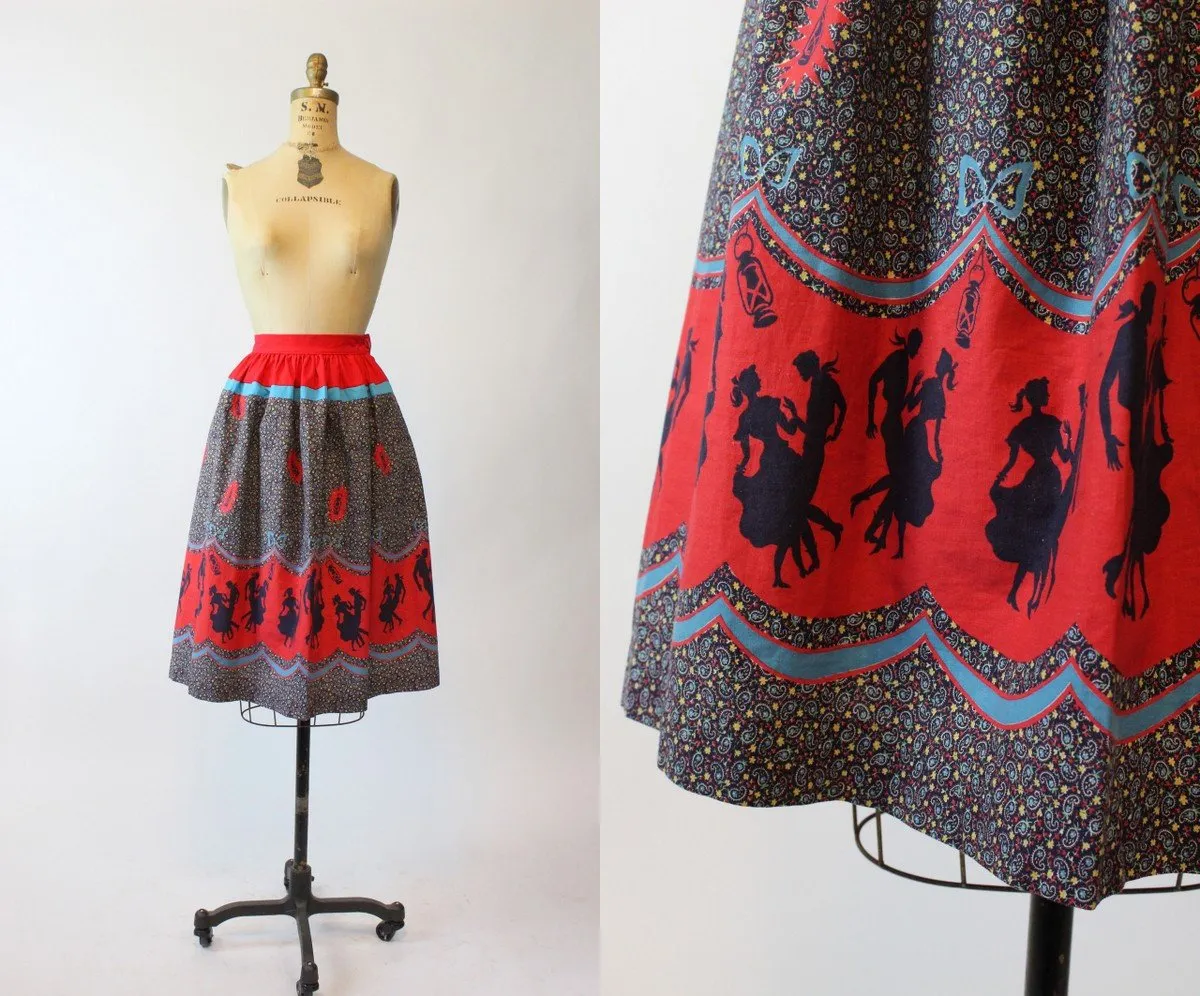 1950s barn dancing novelty print border skirt xs | new spring summer