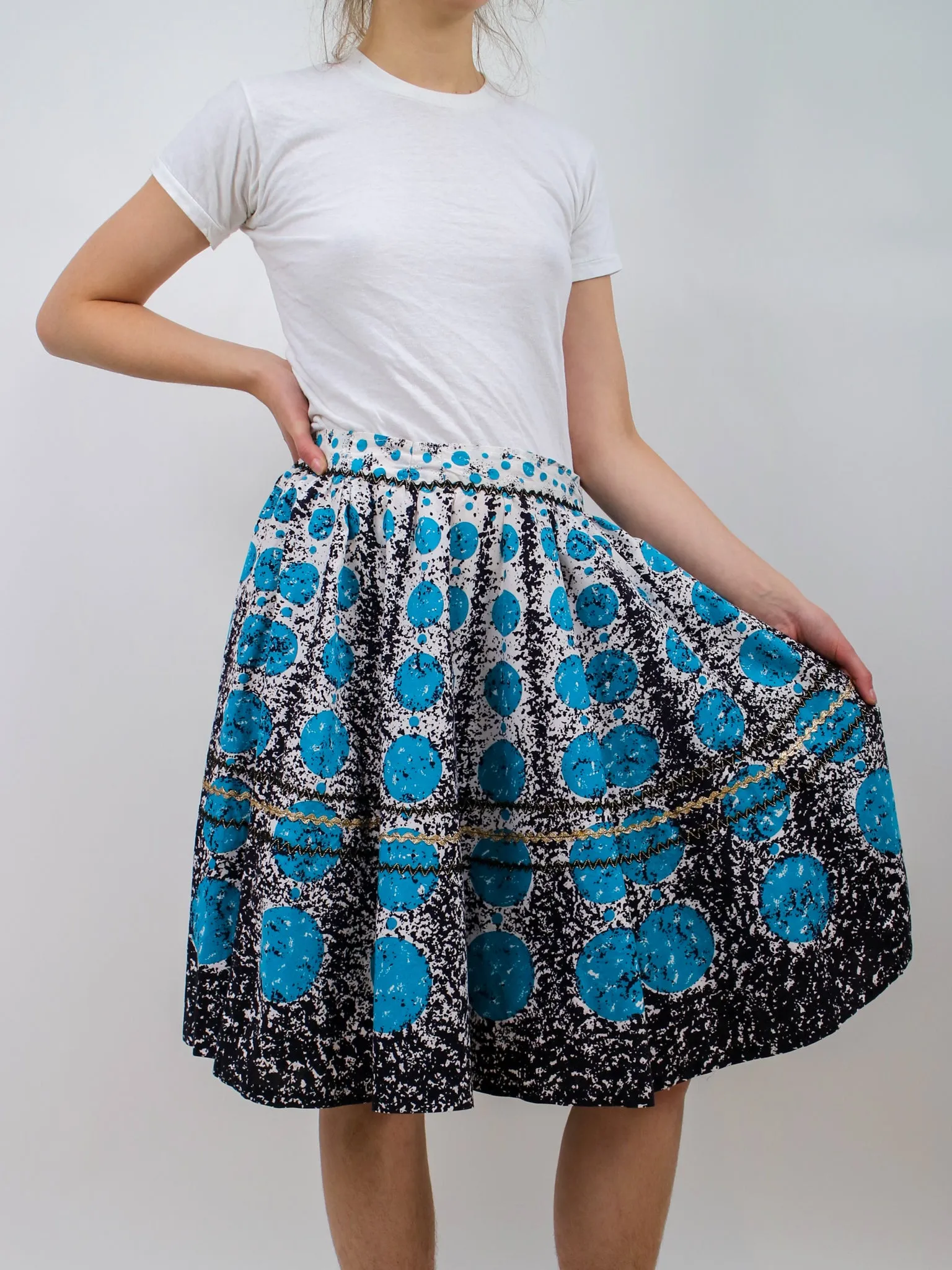1950s Blue and Black Circle Print Circle Skirt