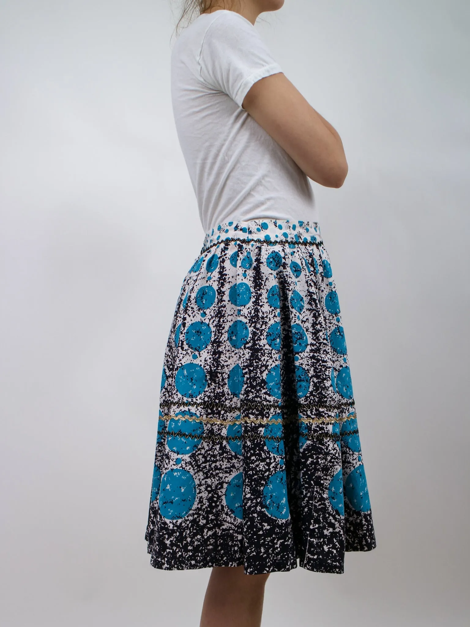 1950s Blue and Black Circle Print Circle Skirt
