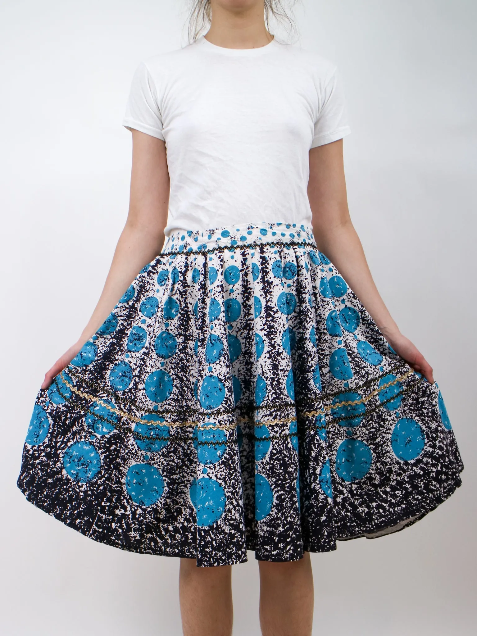 1950s Blue and Black Circle Print Circle Skirt