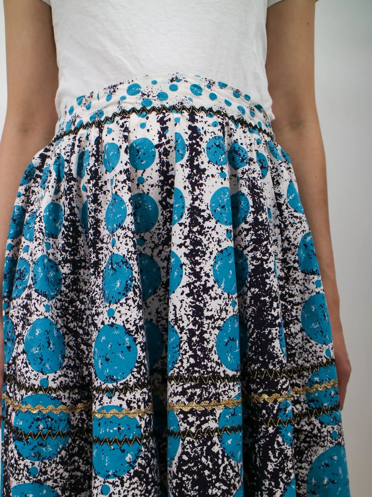 1950s Blue and Black Circle Print Circle Skirt