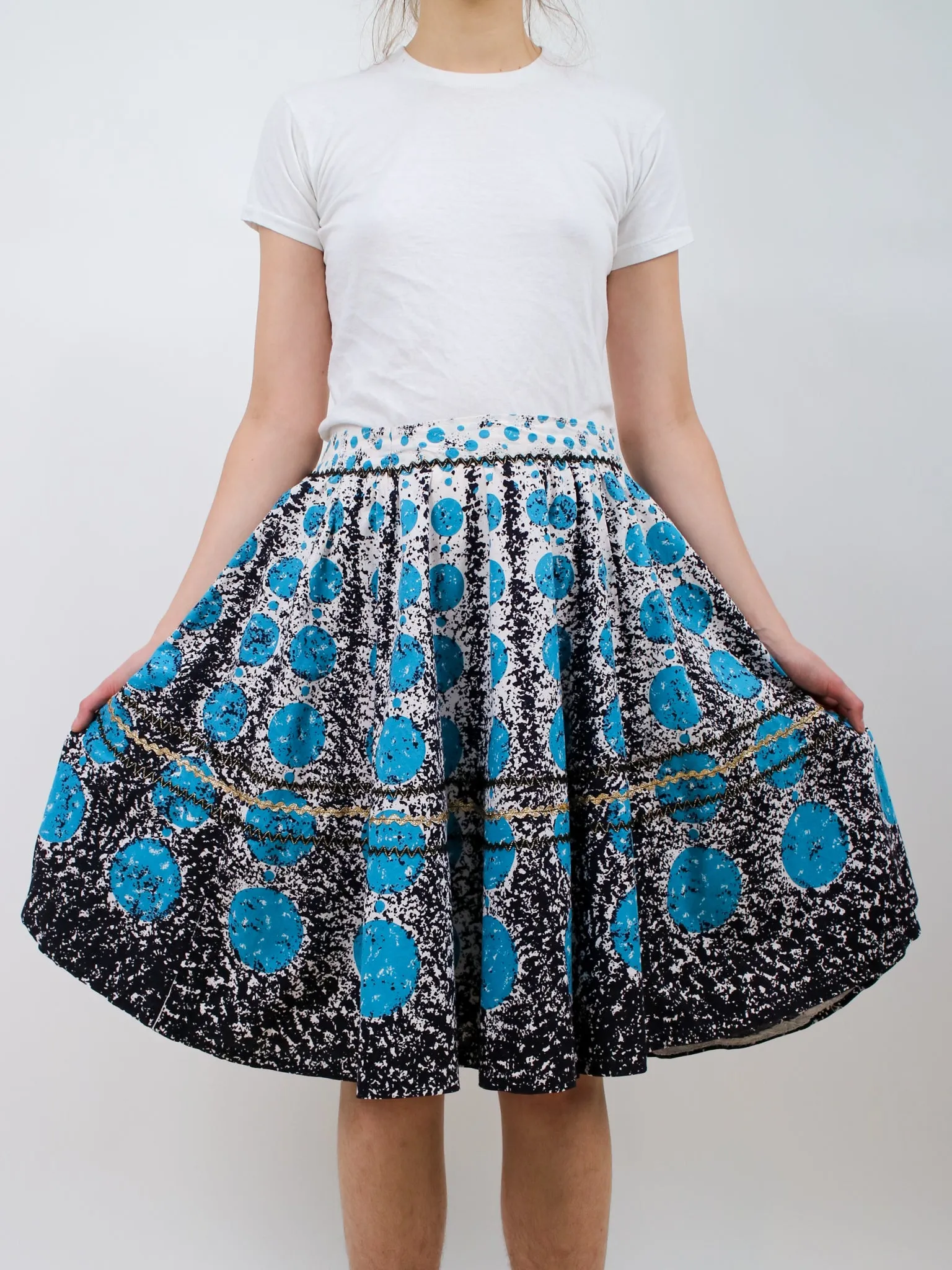1950s Blue and Black Circle Print Circle Skirt