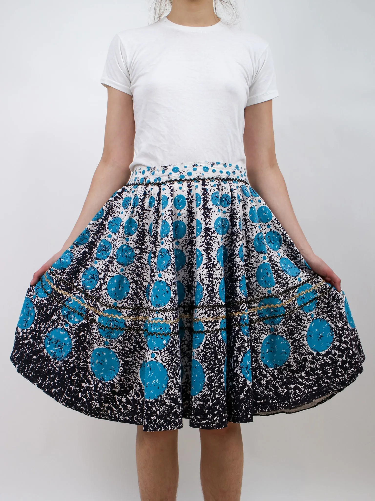 1950s Blue and Black Circle Print Circle Skirt