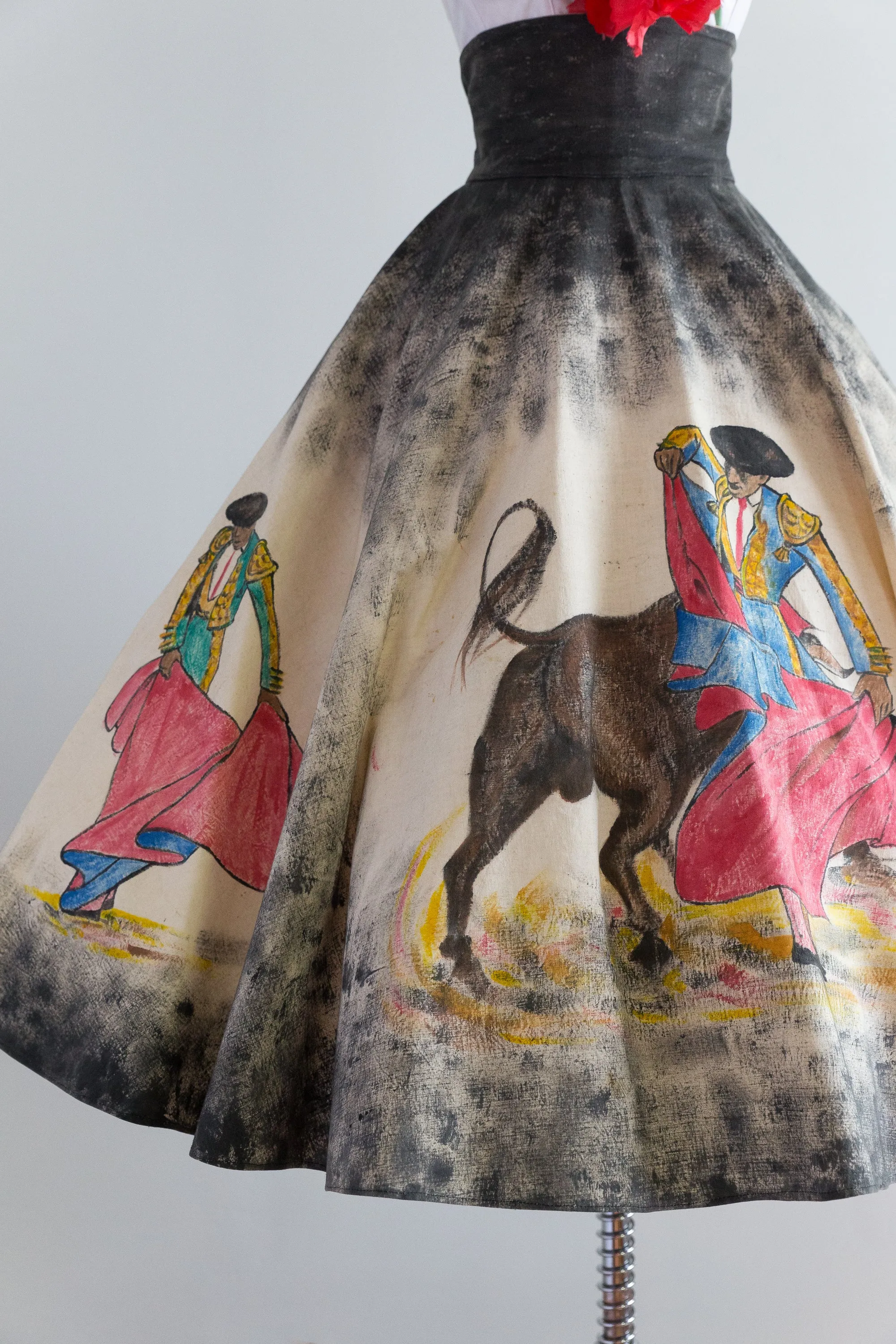 1950's Hand Painted Mexican Circle Skirt With Matadors / Small