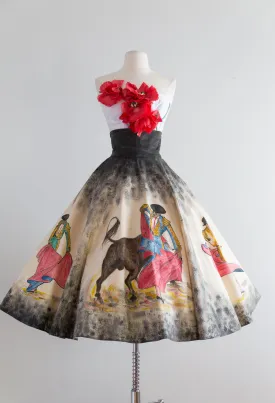 1950's Hand Painted Mexican Circle Skirt With Matadors / Small
