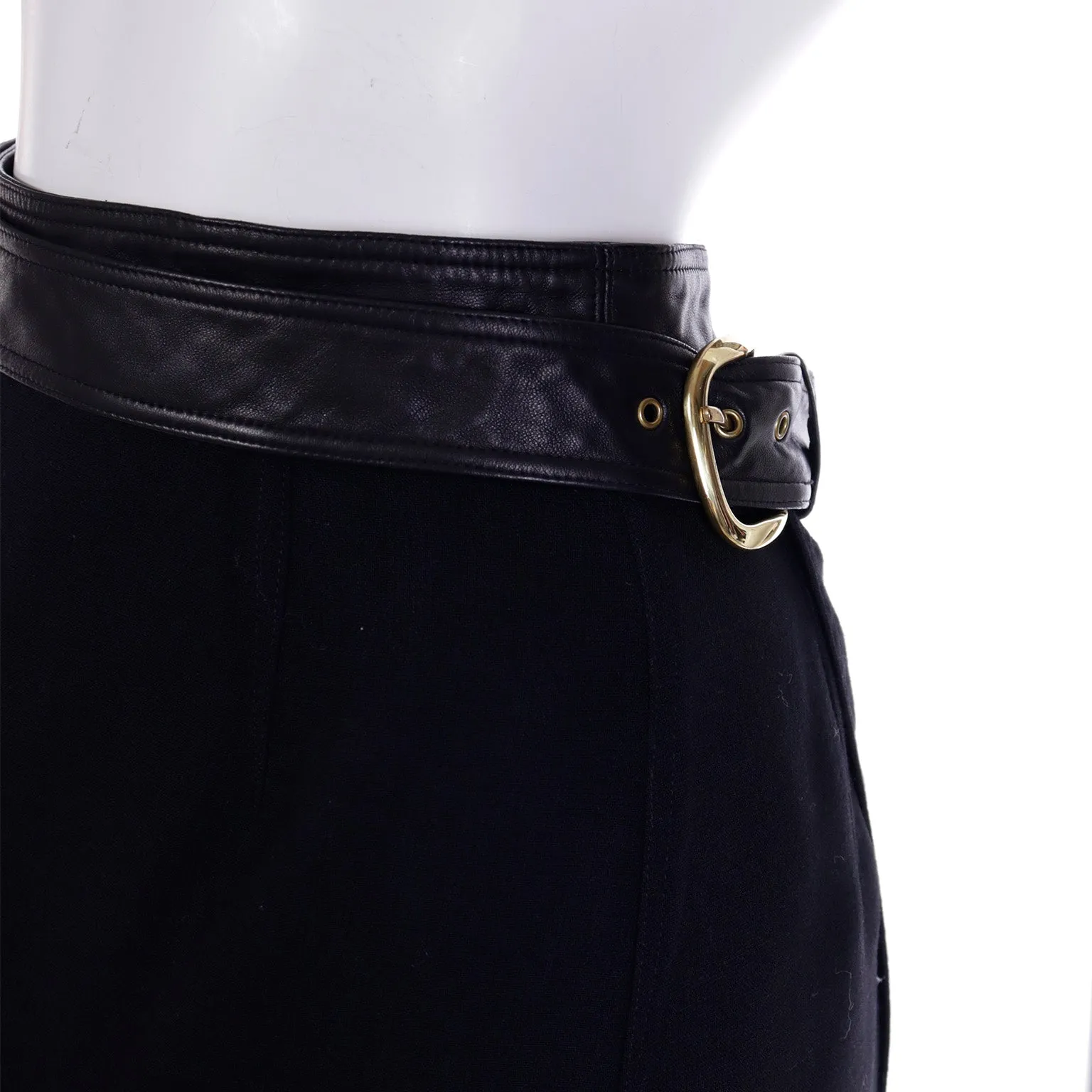 1992 Isaac Mizrahi Black Wool Wrap Midi Skirt w/ Leather Trim