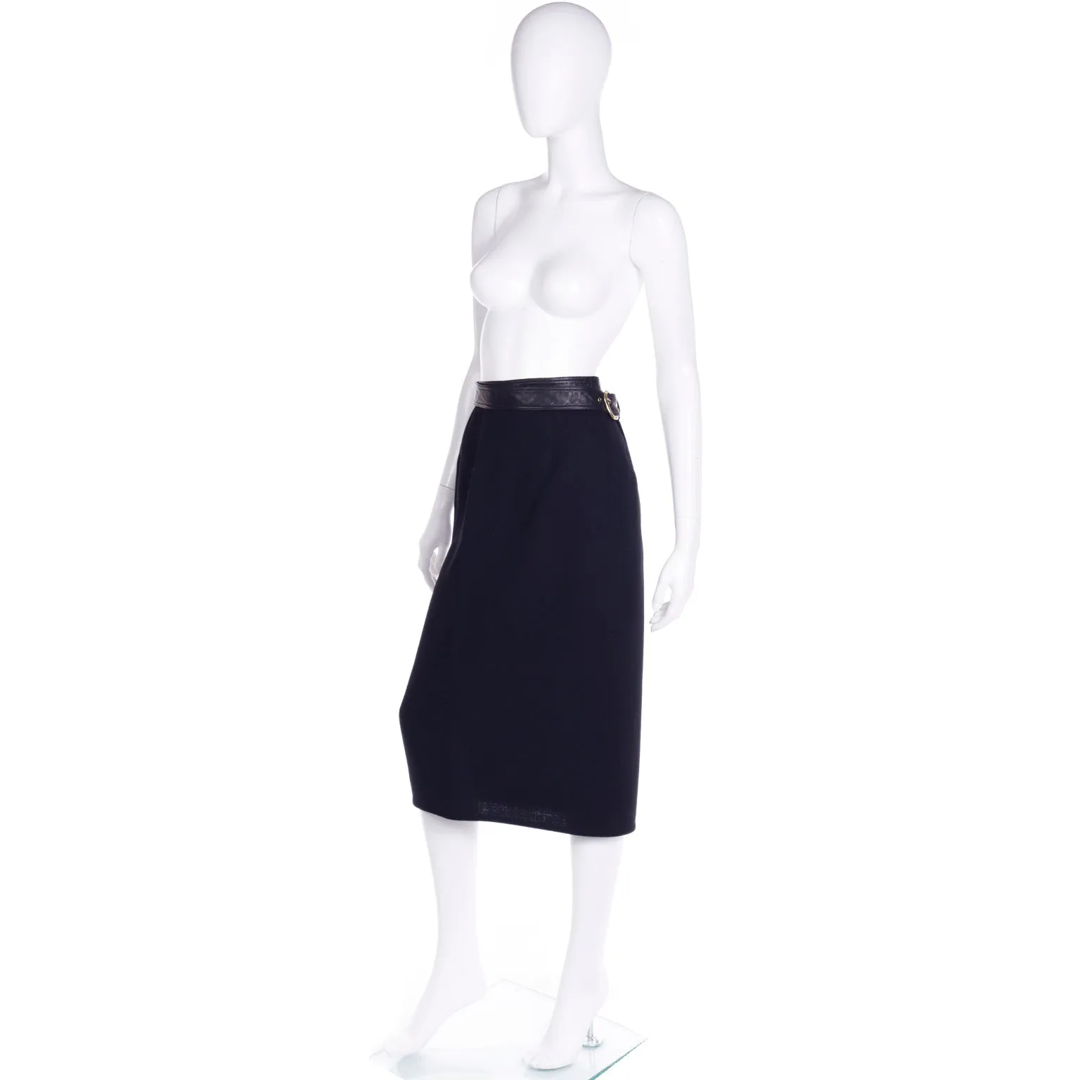 1992 Isaac Mizrahi Black Wool Wrap Midi Skirt w/ Leather Trim