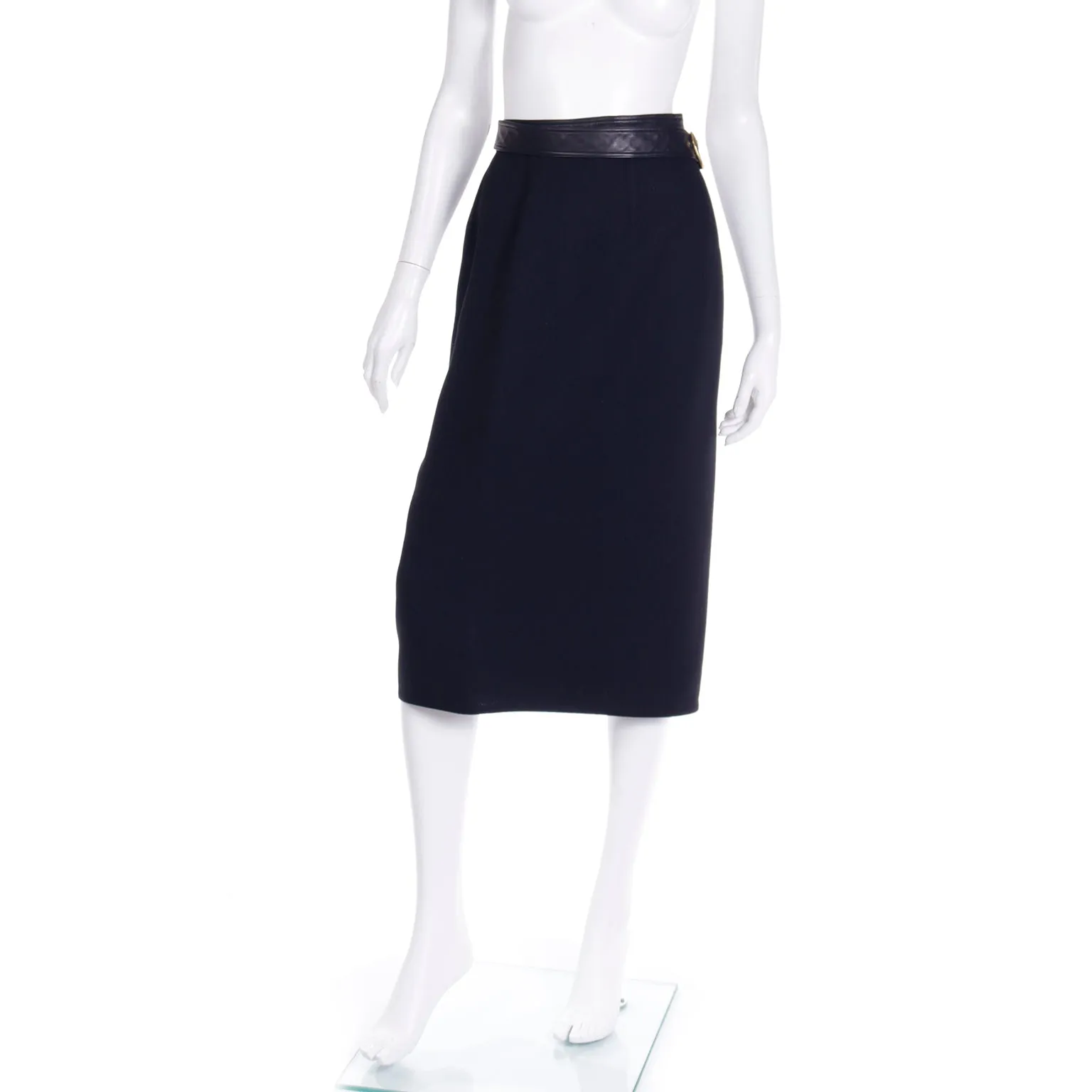 1992 Isaac Mizrahi Black Wool Wrap Midi Skirt w/ Leather Trim