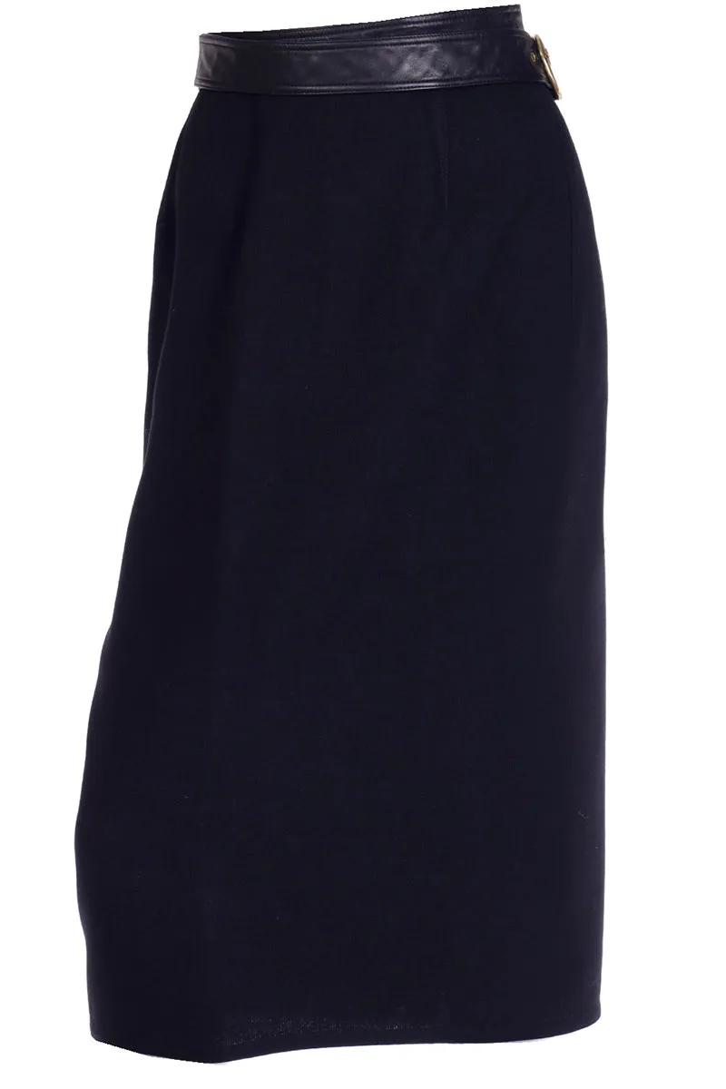 1992 Isaac Mizrahi Black Wool Wrap Midi Skirt w/ Leather Trim
