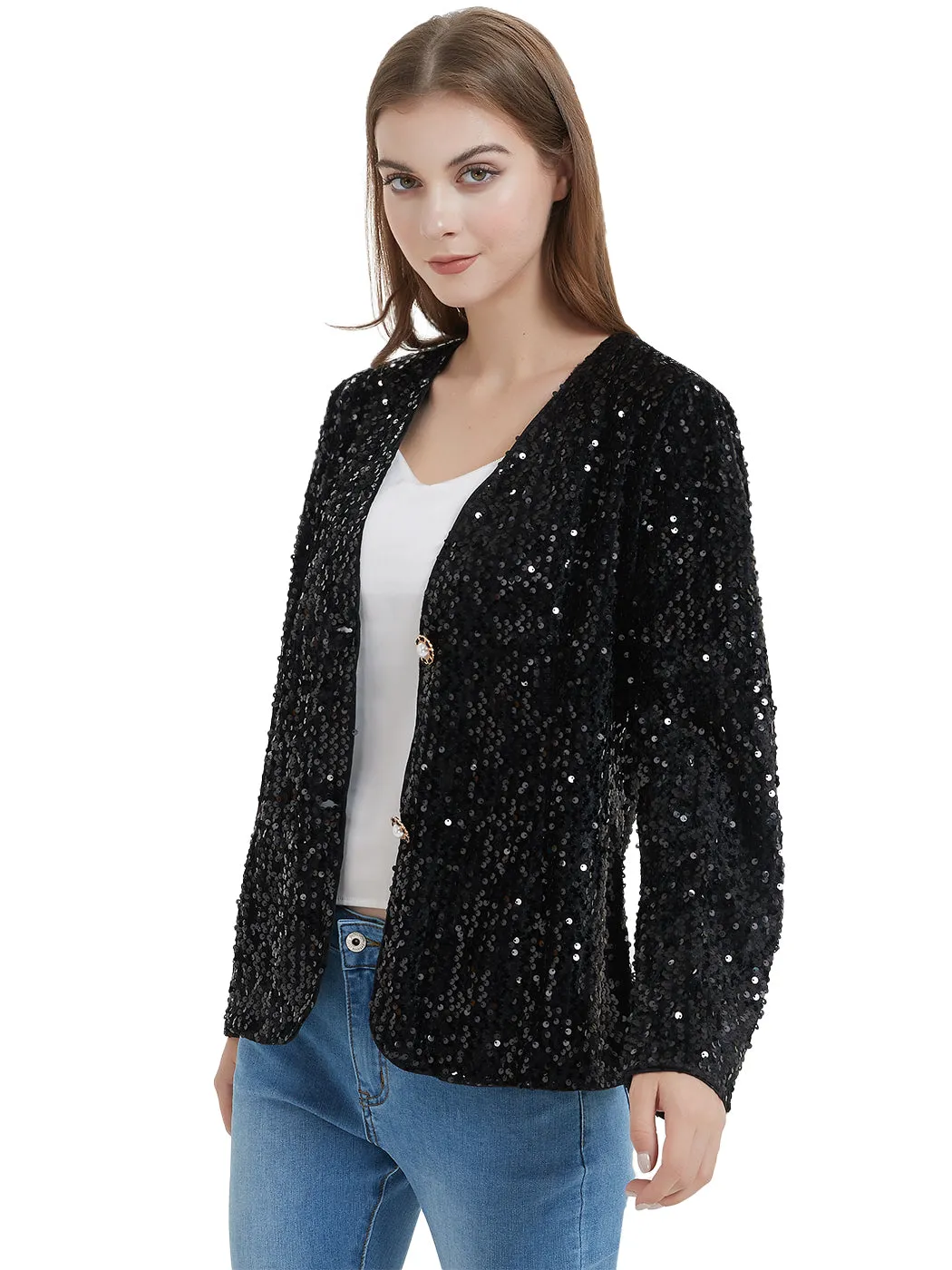 Anna-Kaci Women's Sequins Blazer Cardigan Jacket Open Front Casual Shiny Coat by Anna-Kaci