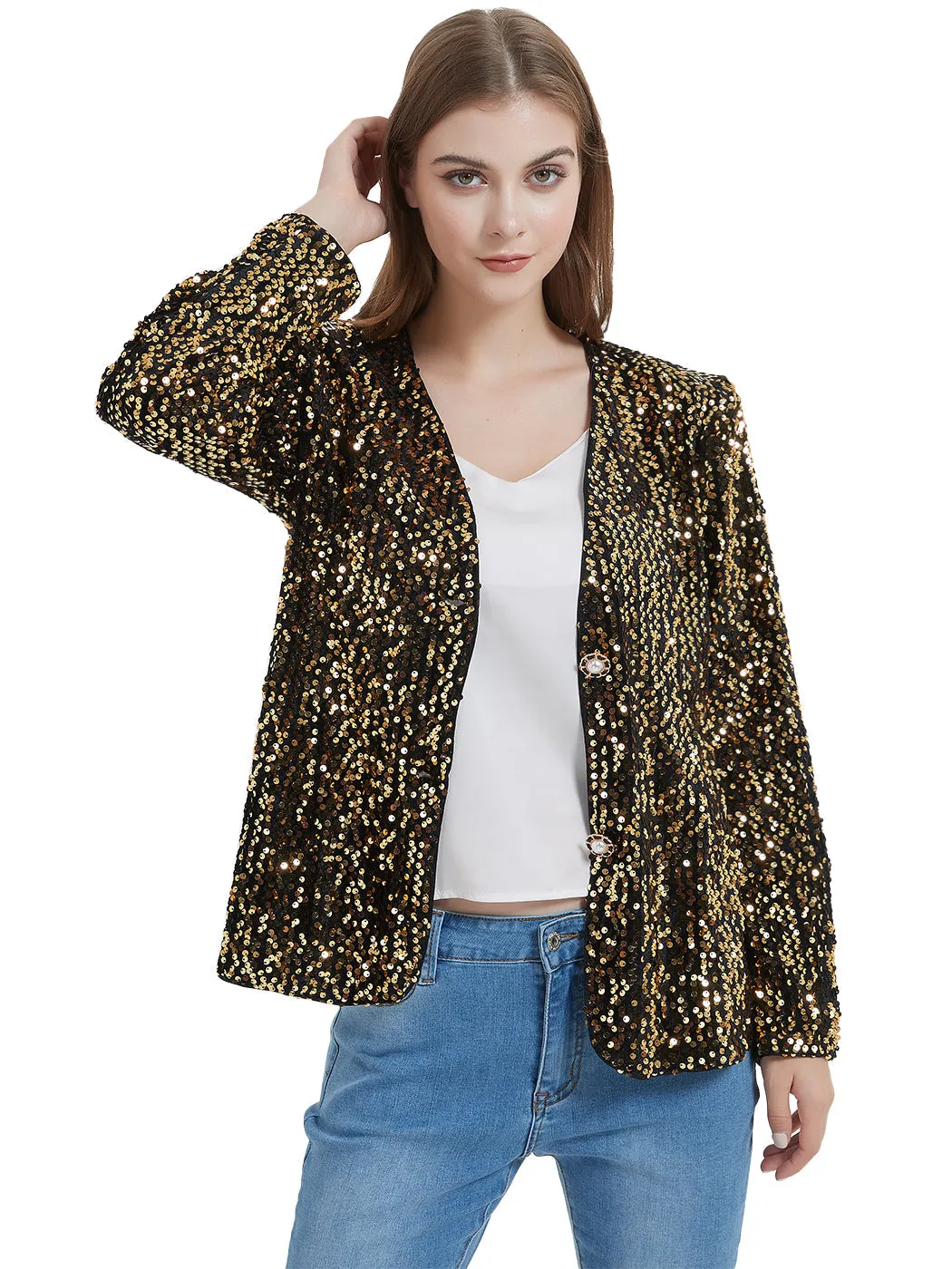 Anna-Kaci Women's Sequins Blazer Cardigan Jacket Open Front Casual Shiny Coat by Anna-Kaci