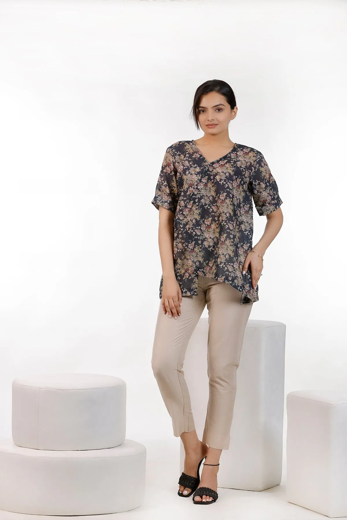 Black Floral Print Top