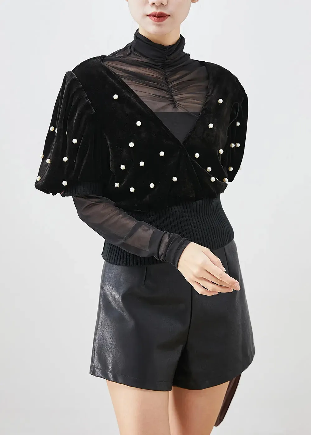 Black Nail Bead Silk Velour Vest And Shirt Set