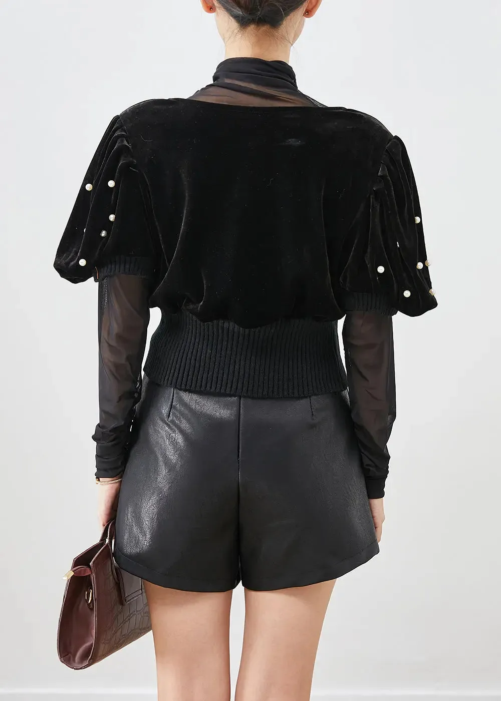 Black Nail Bead Silk Velour Vest And Shirt Set