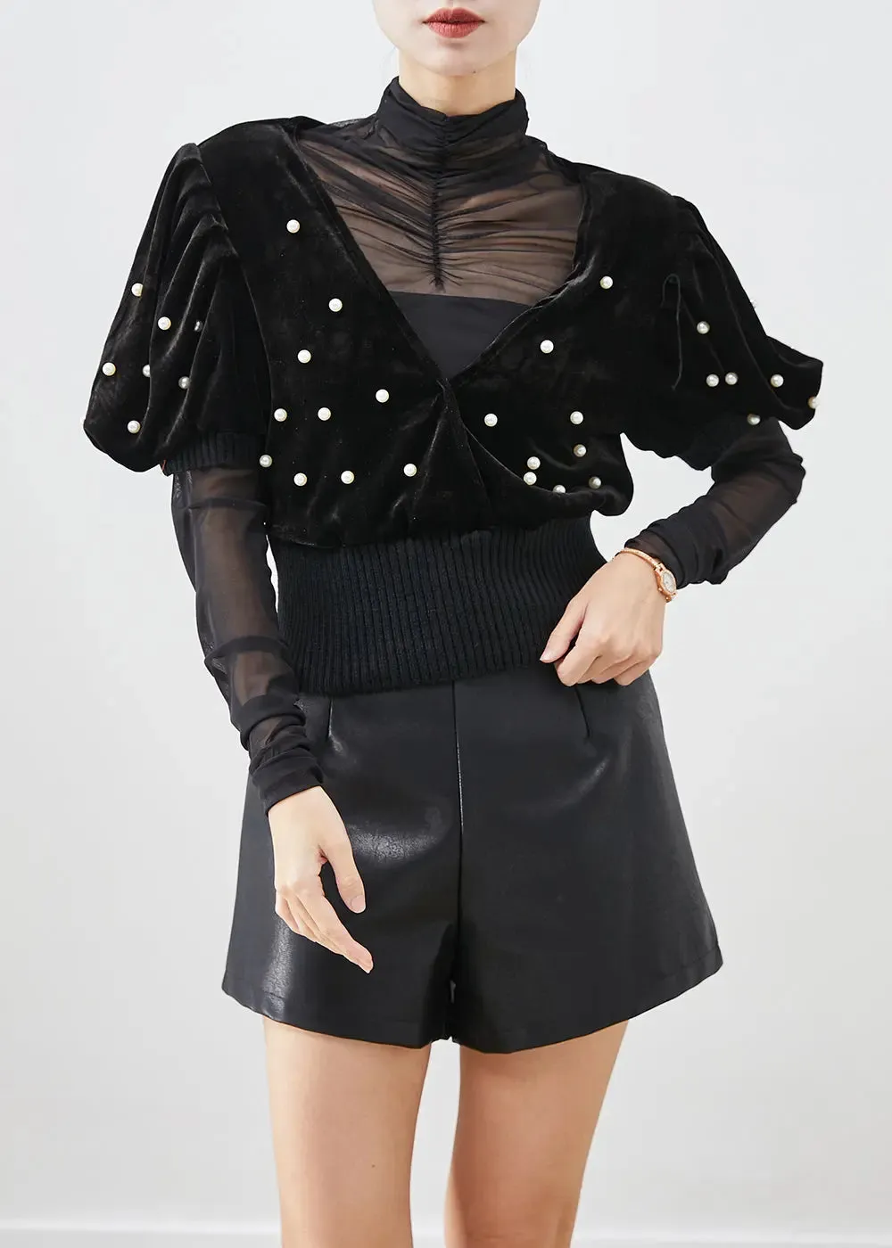 Black Nail Bead Silk Velour Vest And Shirt Set