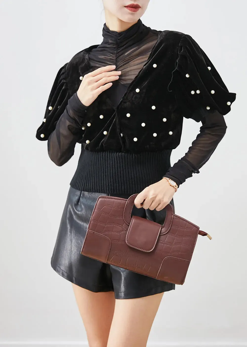 Black Nail Bead Silk Velour Vest And Shirt Set