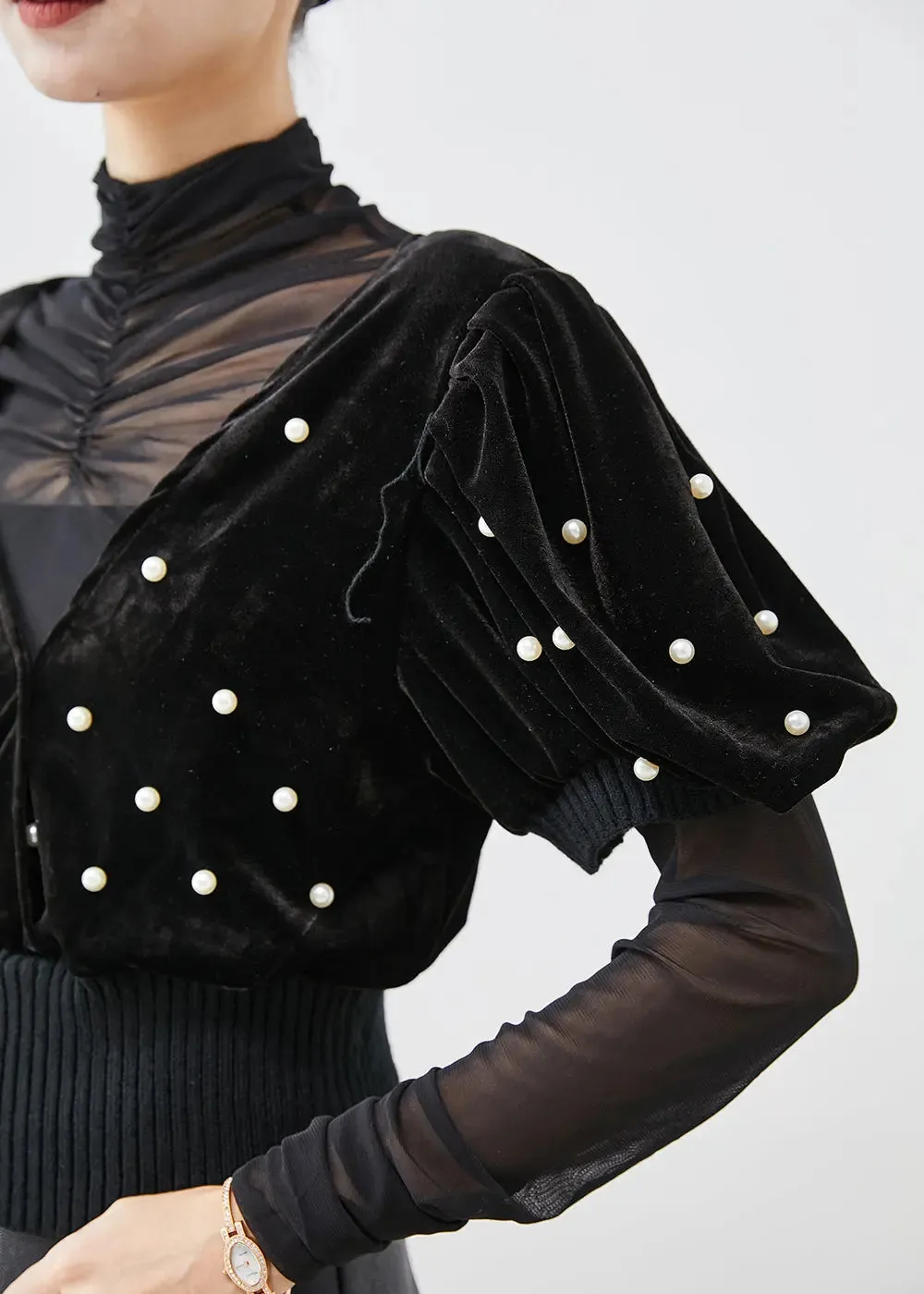 Black Nail Bead Silk Velour Vest And Shirt Set