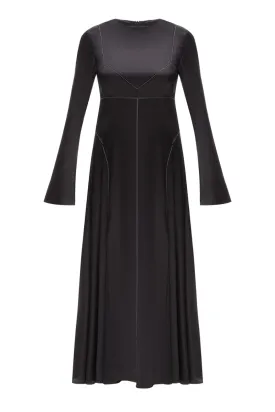 BLACK SILK MIDI DRESS WITH WHITE STITCH DETAIL