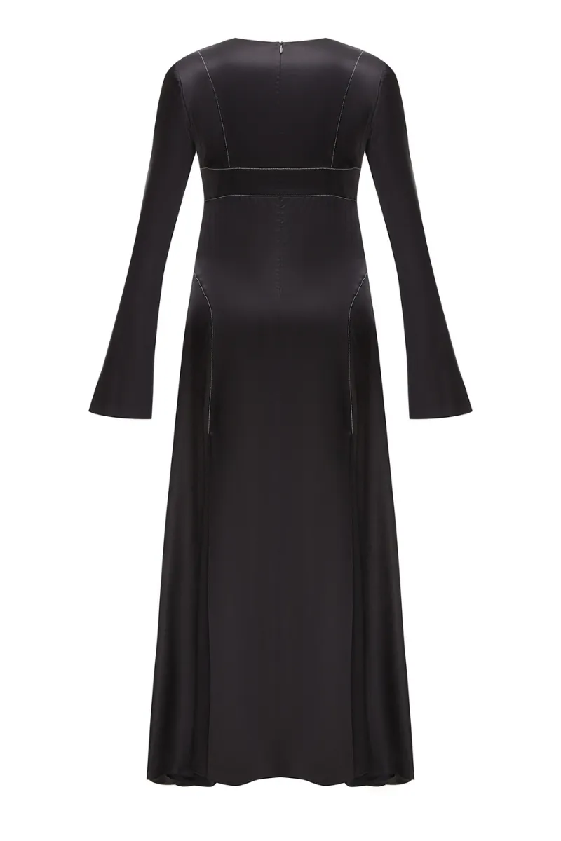BLACK SILK MIDI DRESS WITH WHITE STITCH DETAIL