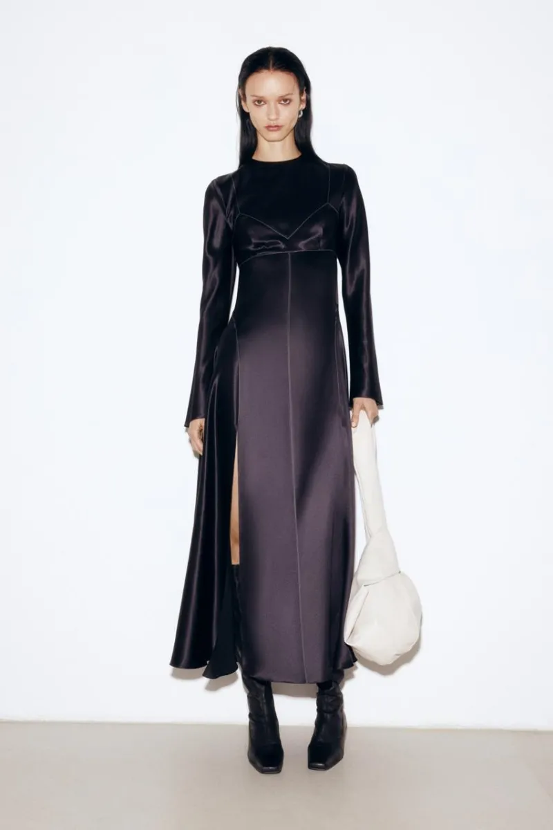 BLACK SILK MIDI DRESS WITH WHITE STITCH DETAIL