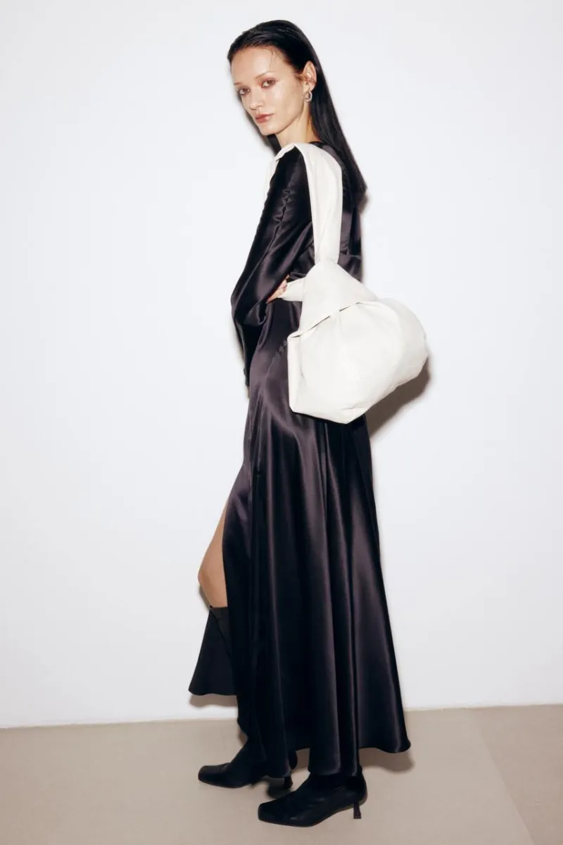 BLACK SILK MIDI DRESS WITH WHITE STITCH DETAIL