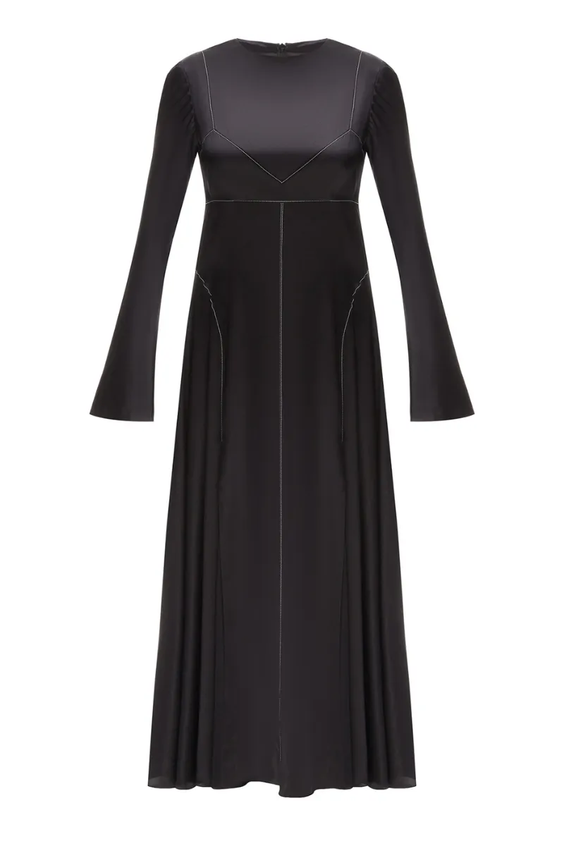 BLACK SILK MIDI DRESS WITH WHITE STITCH DETAIL