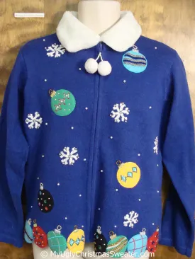 Blue Christmas Sweater with Colorful Ornaments