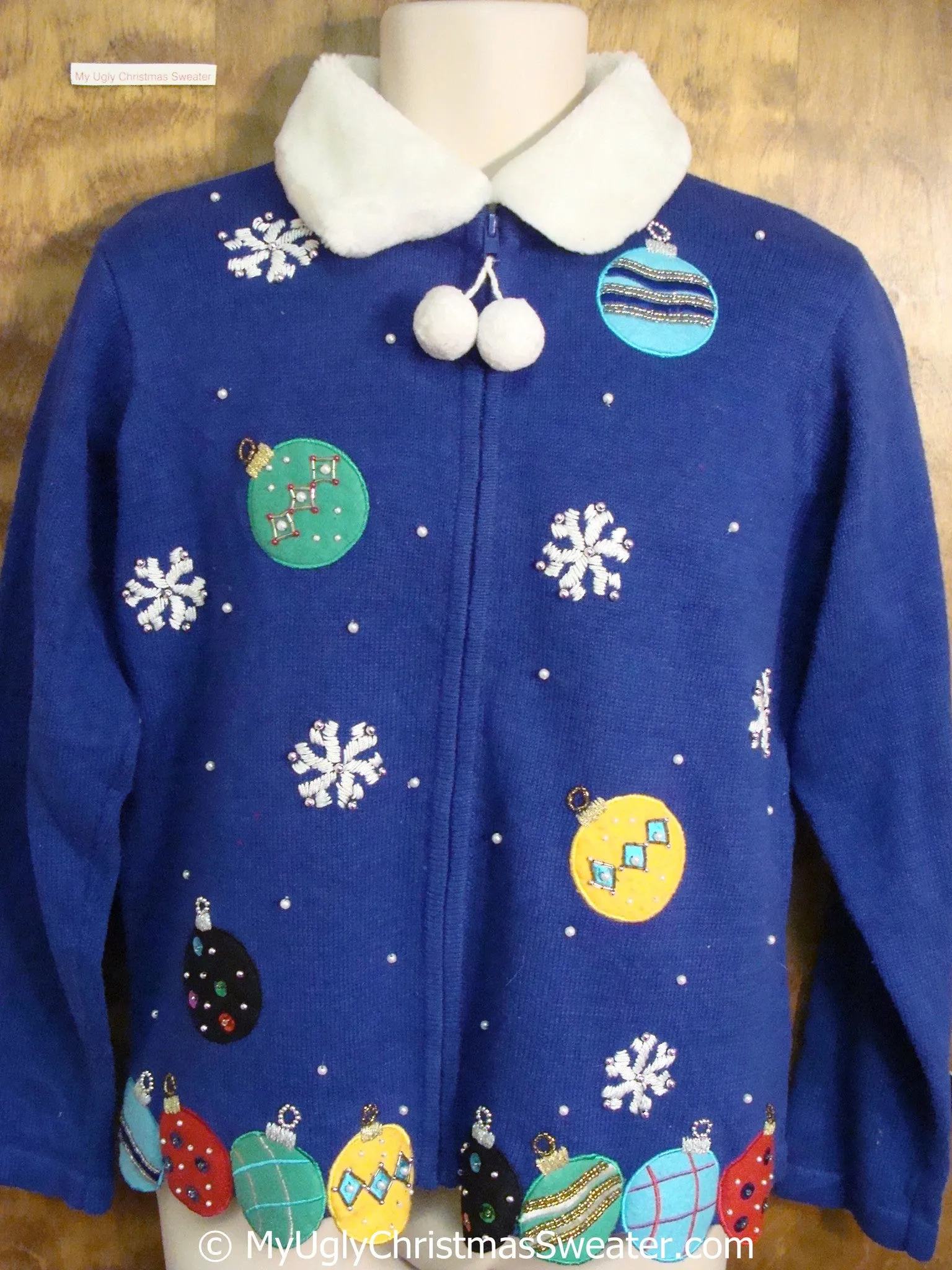 Blue Christmas Sweater with Colorful Ornaments