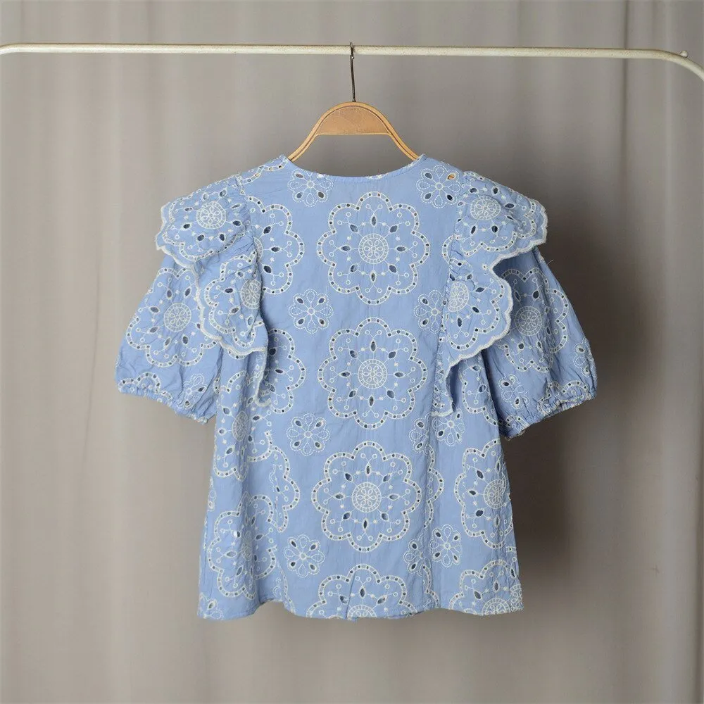 Blue Retro Embroidery Ruffled Loose Shirt