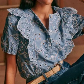 Blue Retro Embroidery Ruffled Loose Shirt
