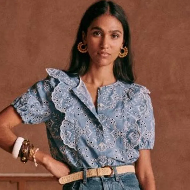 Blue Retro Embroidery Ruffled Loose Shirt