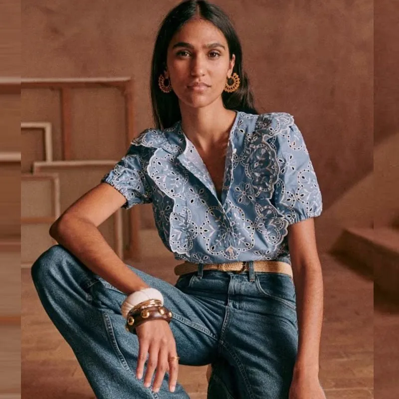 Blue Retro Embroidery Ruffled Loose Shirt