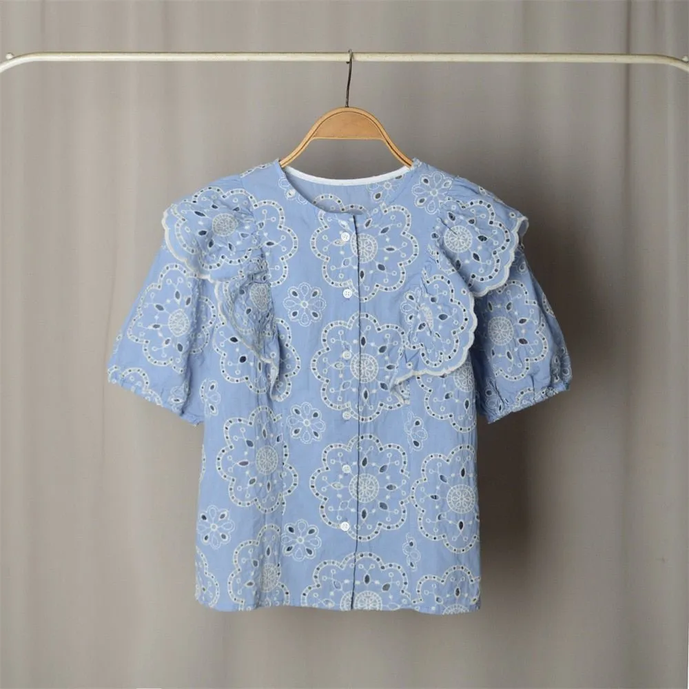 Blue Retro Embroidery Ruffled Loose Shirt