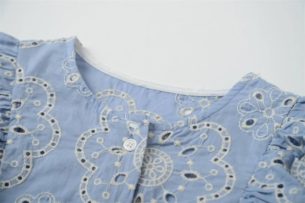 Blue Retro Embroidery Ruffled Loose Shirt