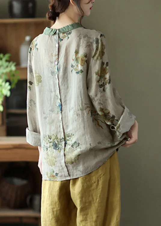 Boho Grey Print Loose Ramie T Shirt Spring LY4993