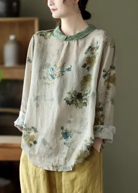 Boho Grey Print Loose Ramie T Shirt Spring LY4993