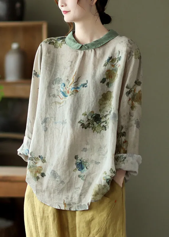 Boho Grey Print Loose Ramie T Shirt Spring LY4993