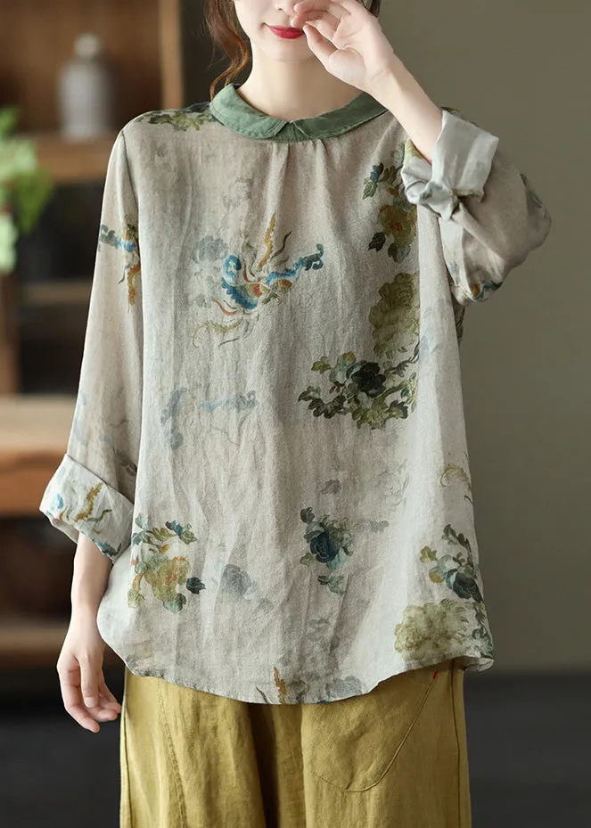 Boho Grey Print Loose Ramie T Shirt Spring LY4993