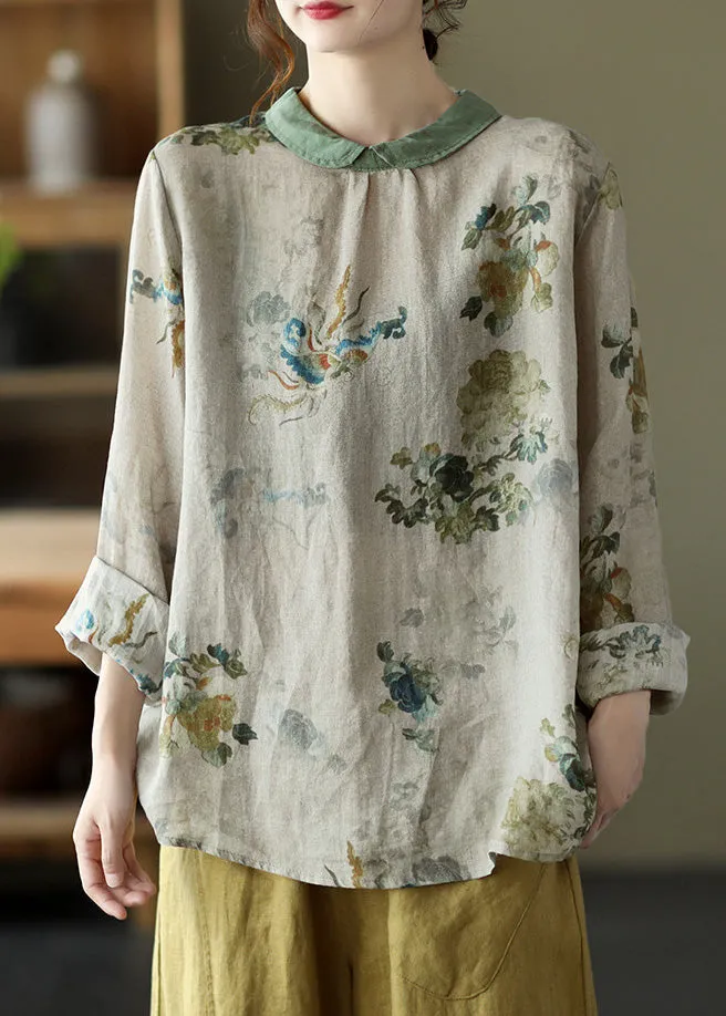 Boho Grey Print Loose Ramie T Shirt Spring LY4993