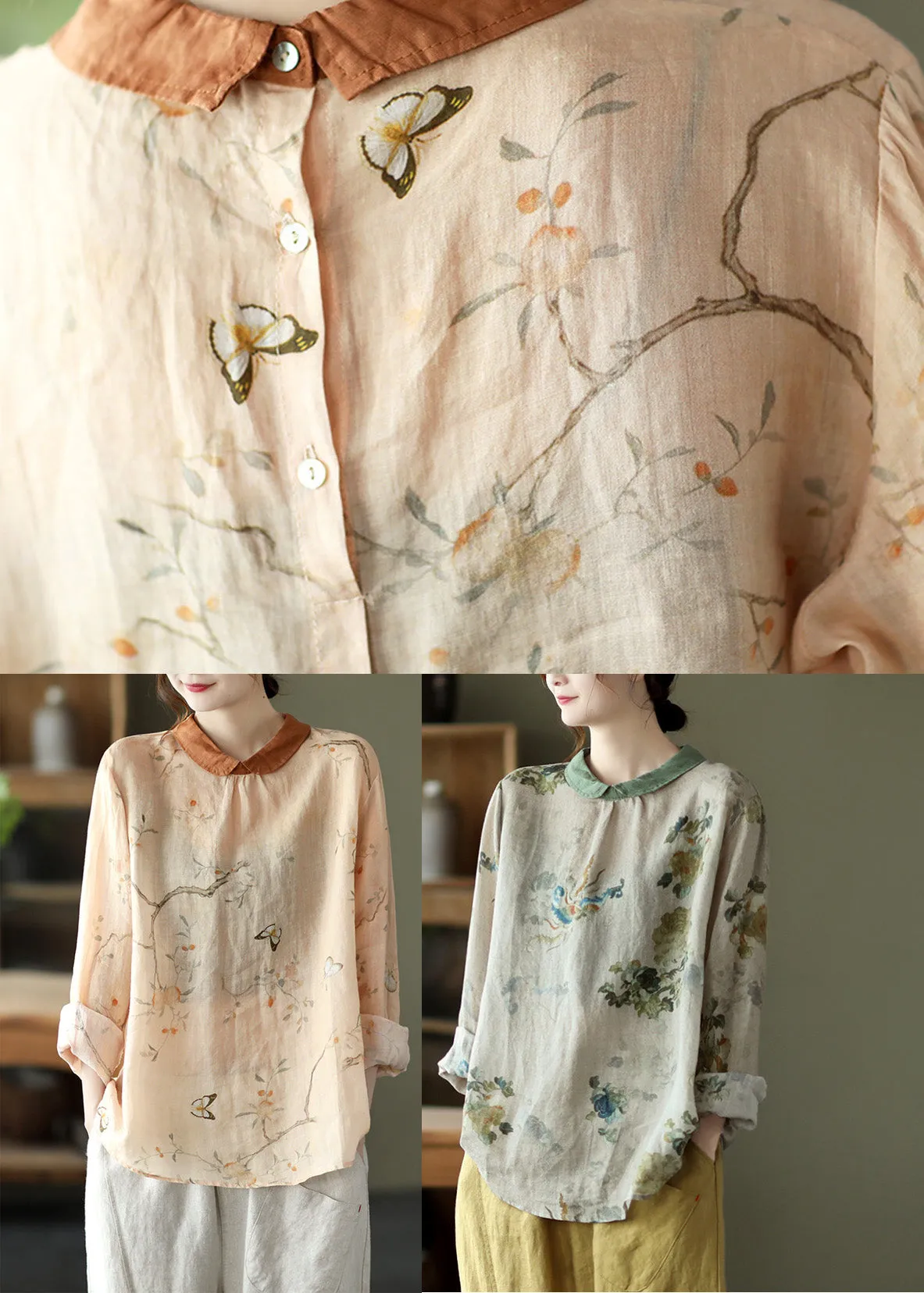 Boho Grey Print Loose Ramie T Shirt Spring LY4993