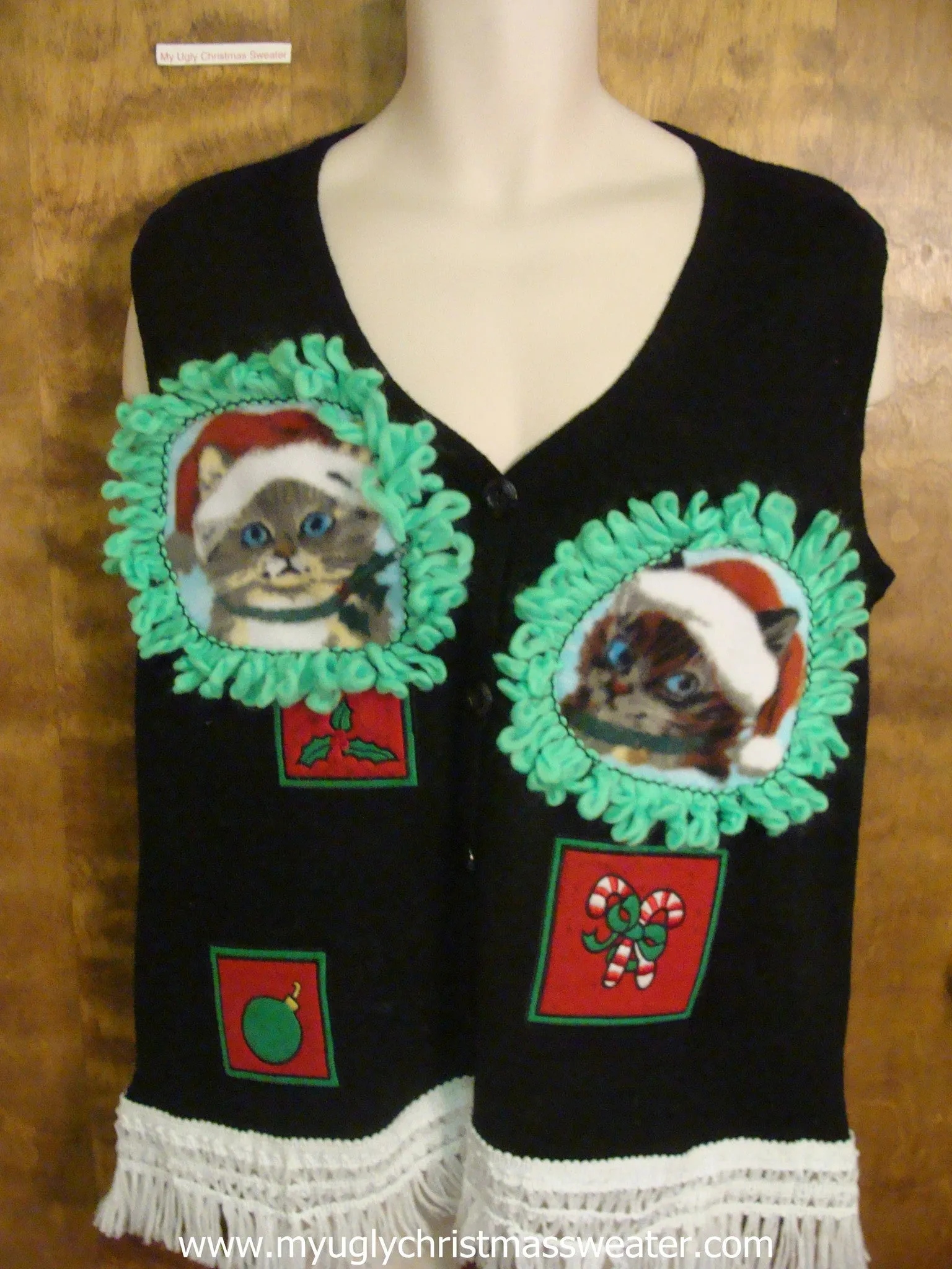 Candy Canes, Ornaments, and Holly Christmas Cat Ugly Sweater Vest