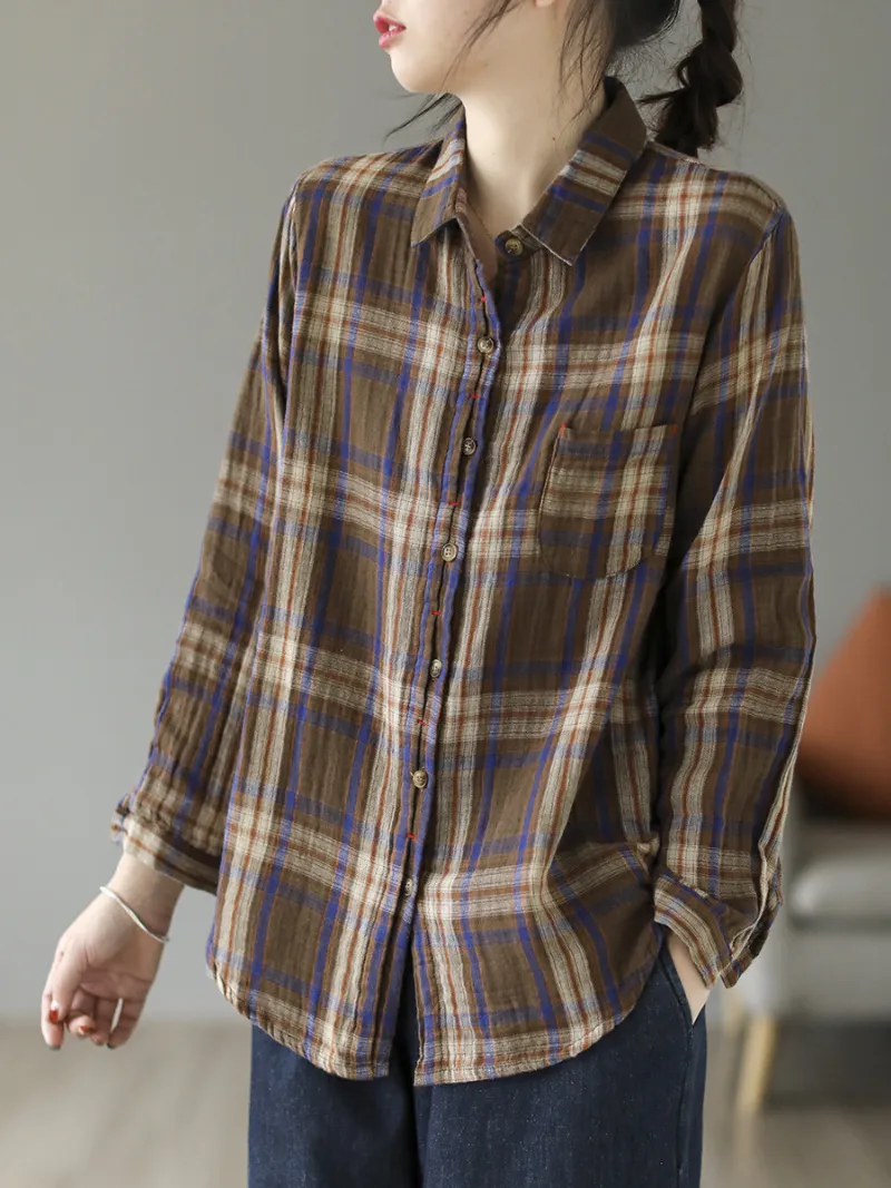 Cardigan Loose Cotton Lining Check Pattern Shirt
