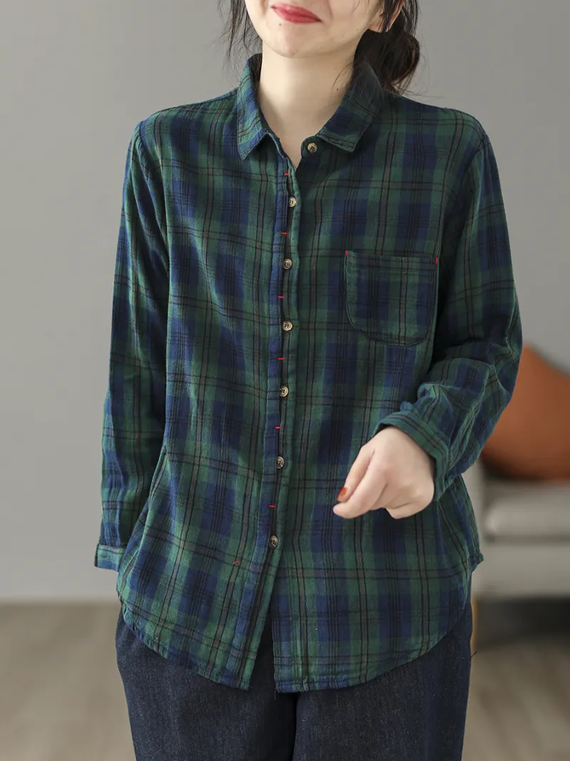 Cardigan Loose Cotton Lining Check Pattern Shirt