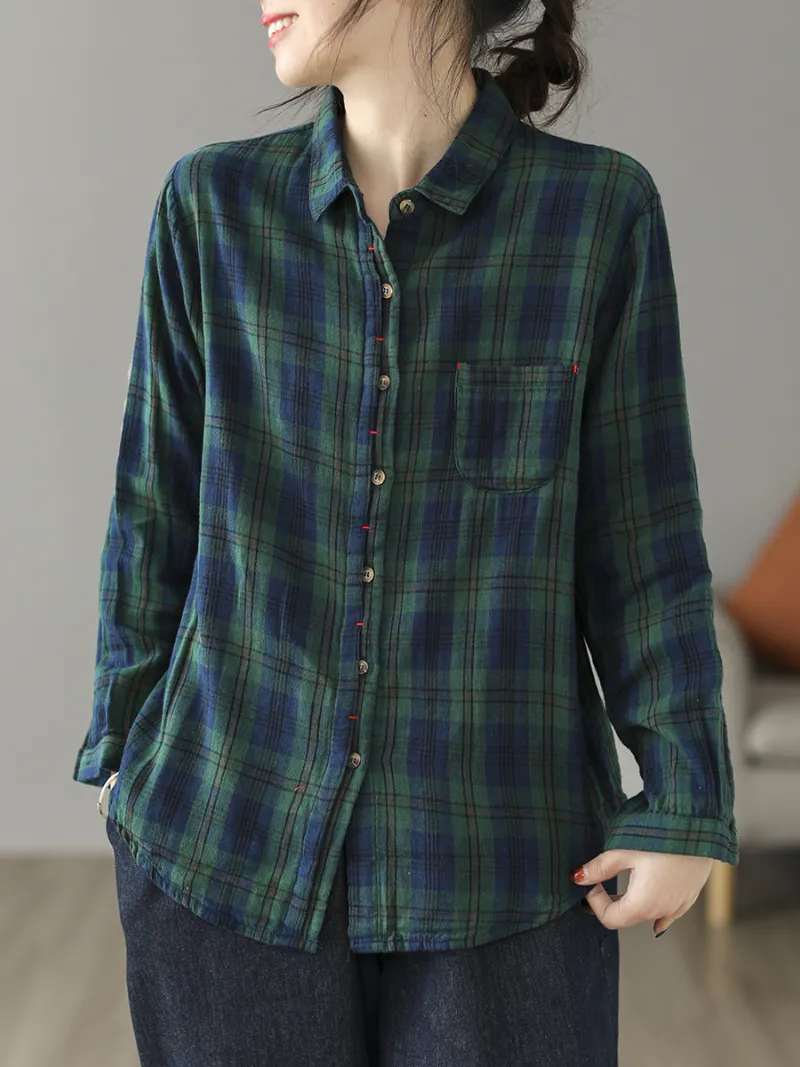 Cardigan Loose Cotton Lining Check Pattern Shirt