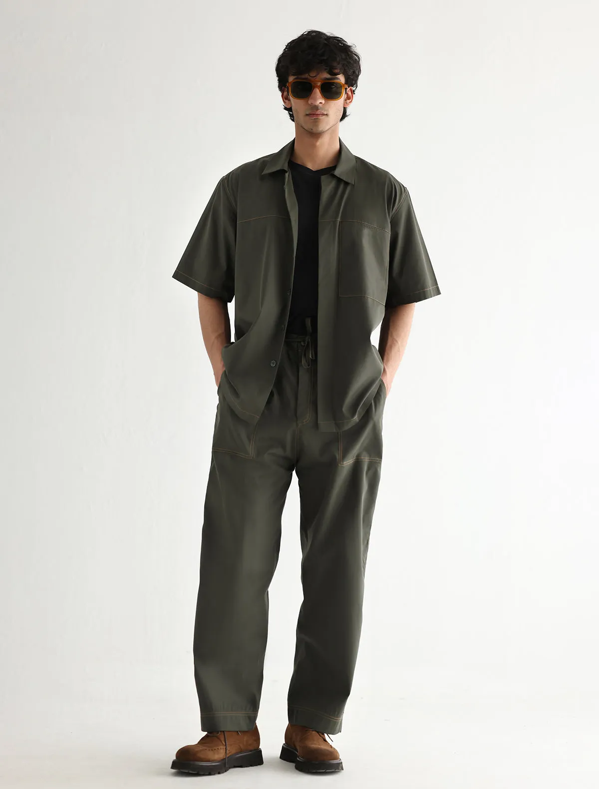 DARK GREEN LOOSE FIT COTTON SHIRT