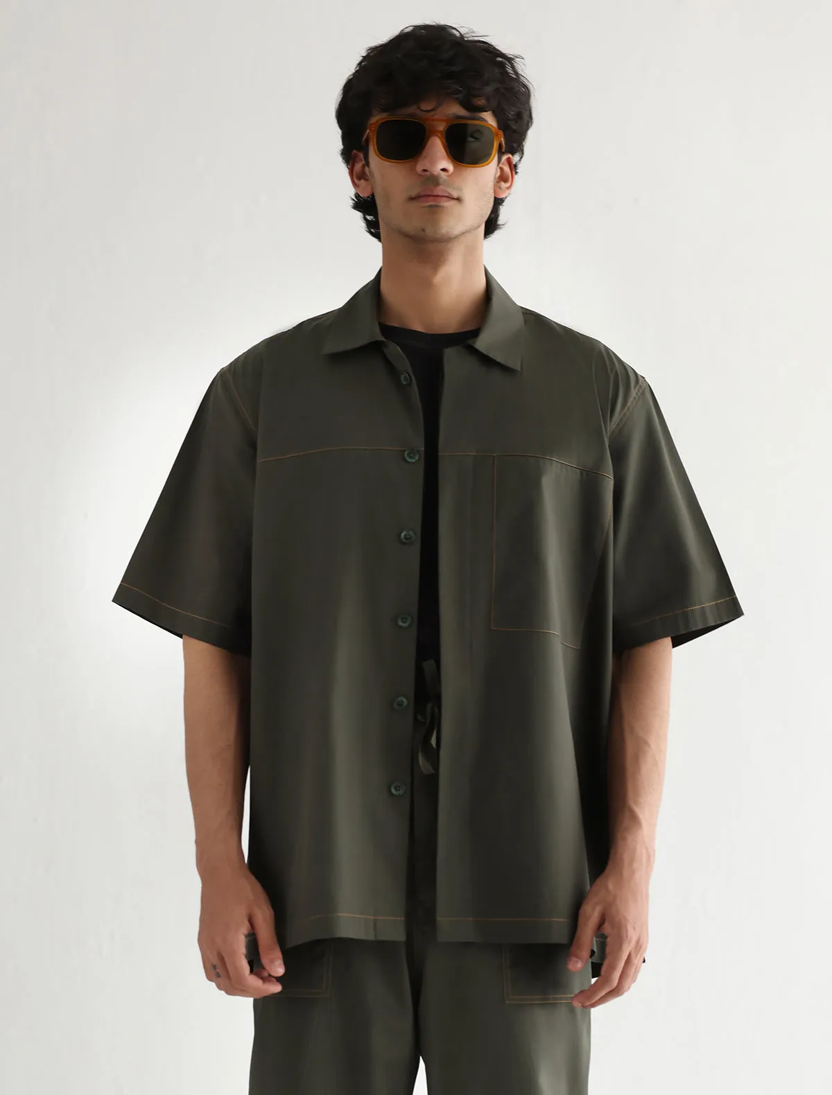 DARK GREEN LOOSE FIT COTTON SHIRT