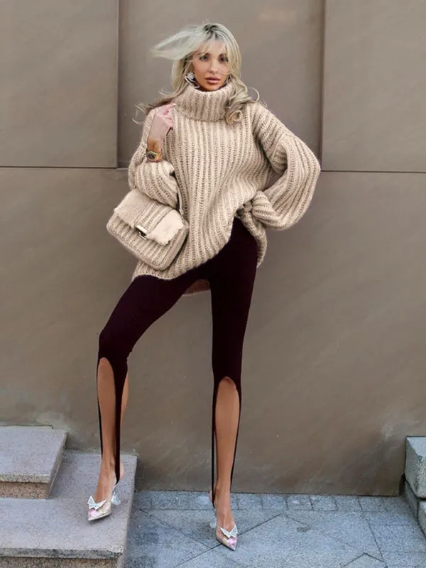 Fluffy Turtleneck Long-sleeve Chunky Pullover Sweater