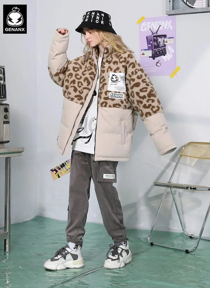 Khaki Leopard Contrast Color Front Zipper Padded Coat