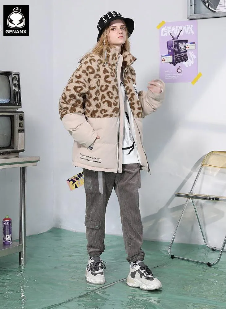 Khaki Leopard Contrast Color Front Zipper Padded Coat