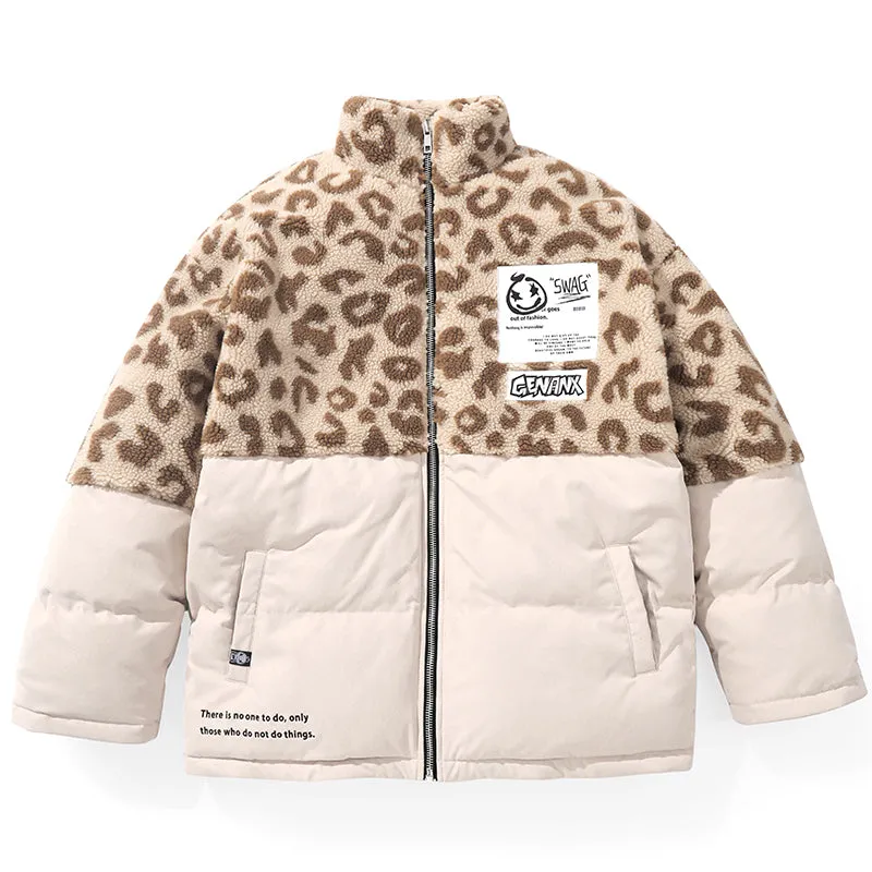 Khaki Leopard Contrast Color Front Zipper Padded Coat
